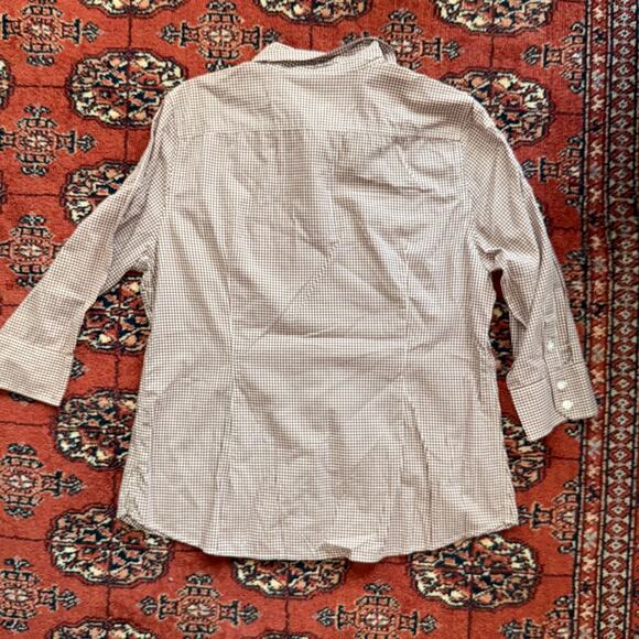 GAP 14 Brown/White Mini Gingham Super Smooth 3/4 Sleeve Button Front Blouse - Picture 2 of 9